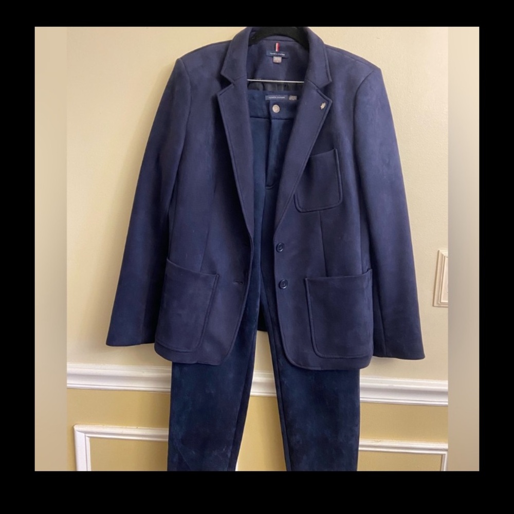 Tommy Hilfiger navy faux suede two-button pant suit